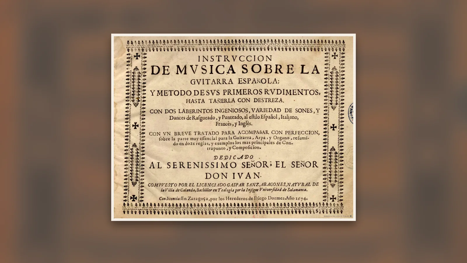 Instrucción de música sobre la guitarra española de Gaspar Sanz, 1674
