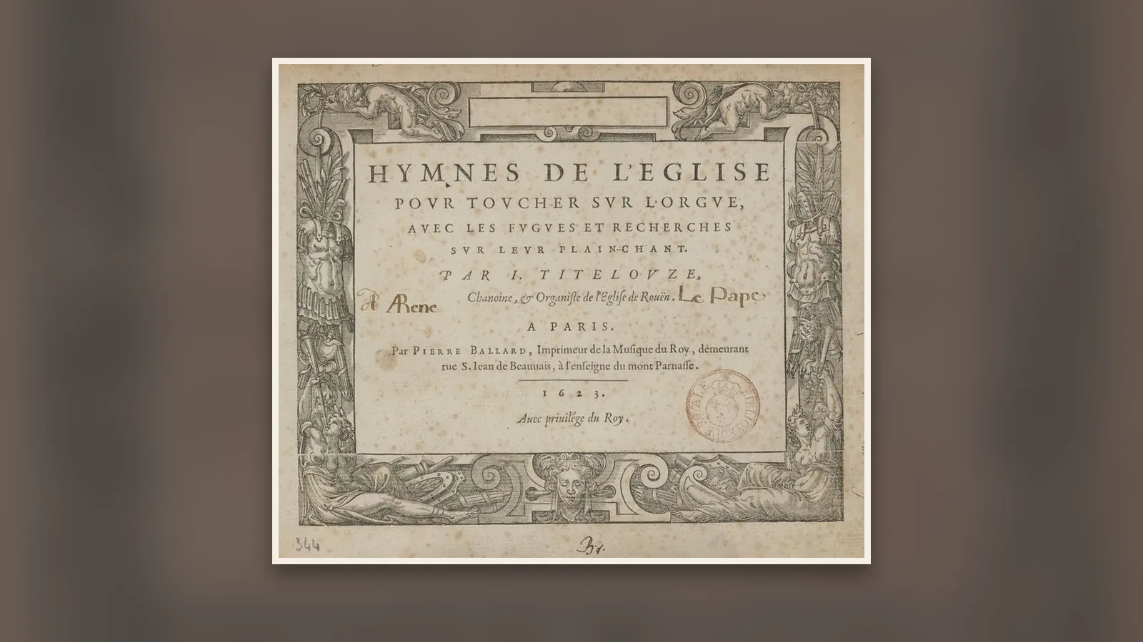 Page de titre des Hymnes de Jehan Titelouze publiées en 1623