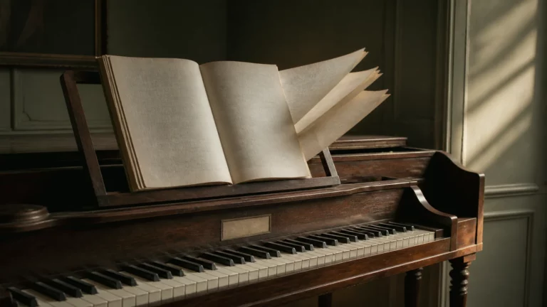 Pianoforte ancien avec une partition ouverte dont les pages se soulèvent dans la lumière