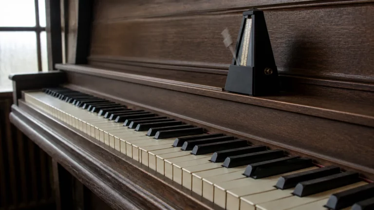 Clavier d’un piano droit ancien avec un métronome mécanique en mouvement