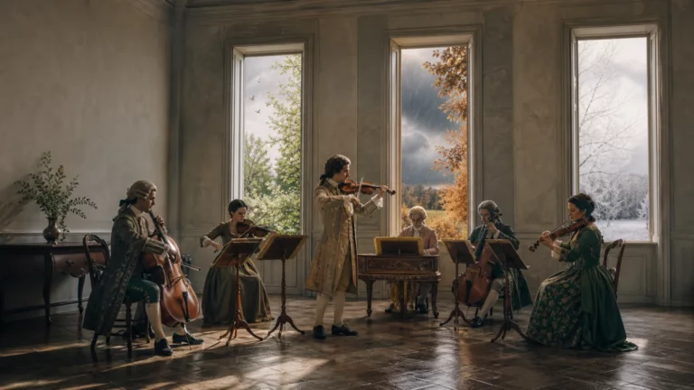 Ensemble à cordes baroque jouant devant des fenêtres ouvertes sur plusieurs saisons