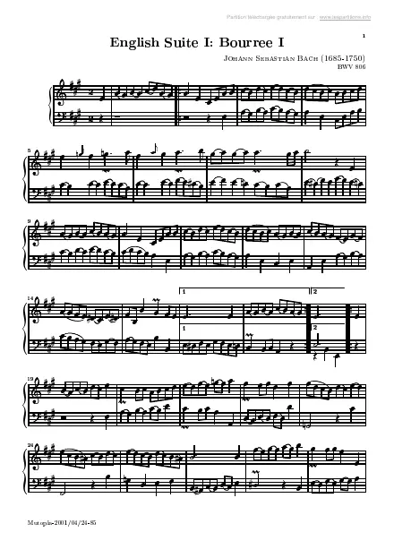 Première page de la partition Suite anglaise n°01 - Bourrée n°1 - BWV 806