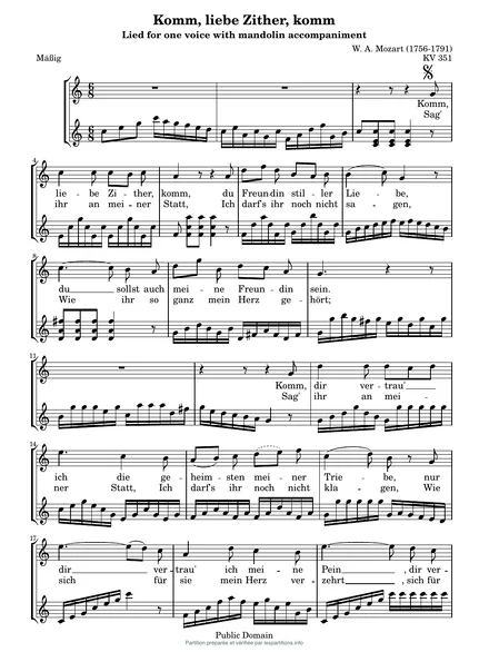 Première page de la partition Komm, liebe Zither, komm, KV 351