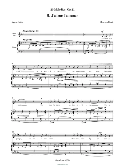 Première page de la partition J’aime l’amour, op. 21 no 6