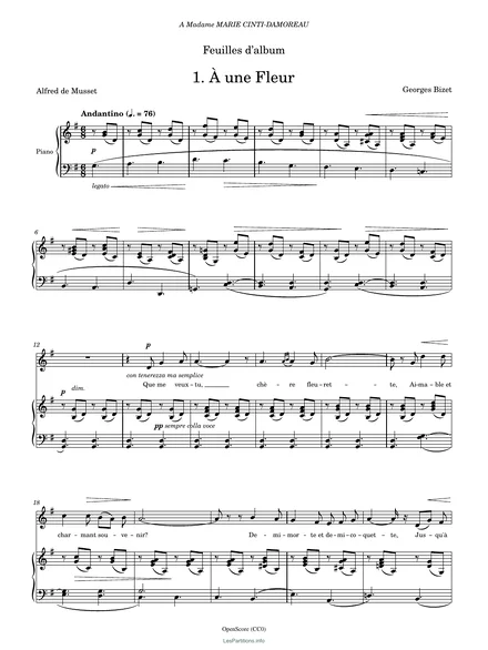 Première page de la partition À une fleur