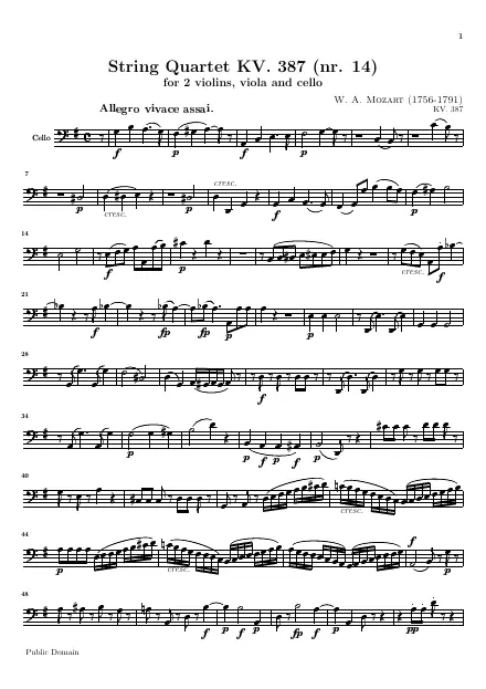 Première page de la partition Quatuor n°14 en Sol majeur KV 387