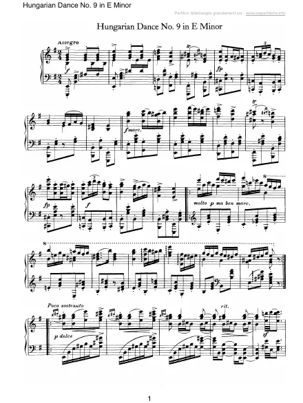Première page de la partition Danse hongroise n°9 en Mi mineur