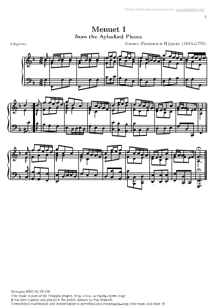 Première page de la partition Pièces d'Aylesford n°14 - Menuet 1