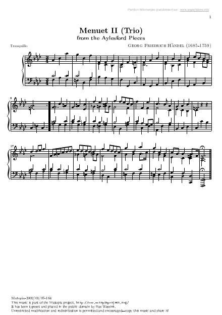 Première page de la partition Pièces d'Aylesford n°15 - Menuet 2