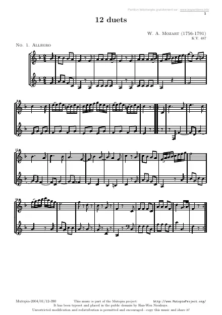 First page of Duo no. 1 for two horns, KV 487: Allegro