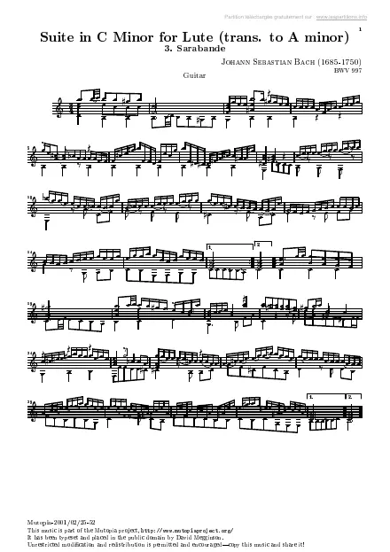 Première page de la partition Suite pour luth BWV 997 n°03 : sarabande