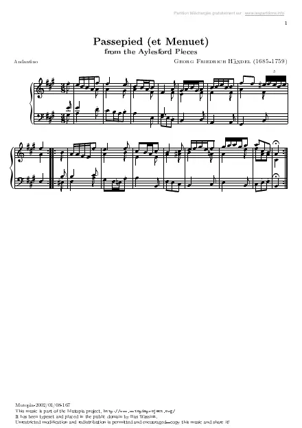 Première page de la partition Pièces d'Aylesford n°18 - Passepied