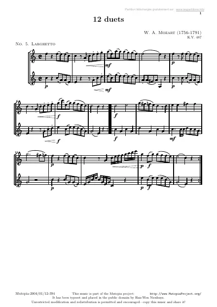 First page of Duo no. 5 for two horns, KV 487: Larghetto