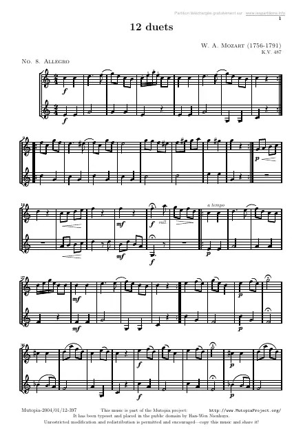 Première page de la partition Duo n°08 pour 2 cors KV487 : Allegro