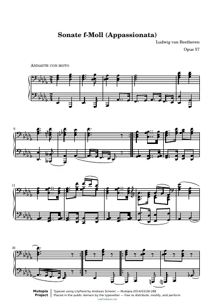 First page of Piano Sonata No. 23 Op. 57 - Appassionata - II. Andante con moto