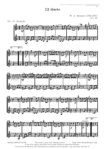 First page of Duo n°12 pour 2 cors KV487 : Allegro