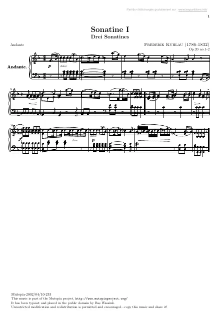 First page of Sonatine n°1 Op. 20 : Andante
