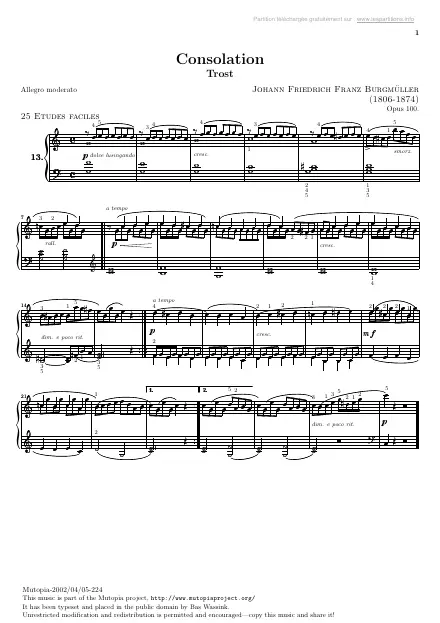 Première page de la partition Études faciles Op. 100 : Consolation