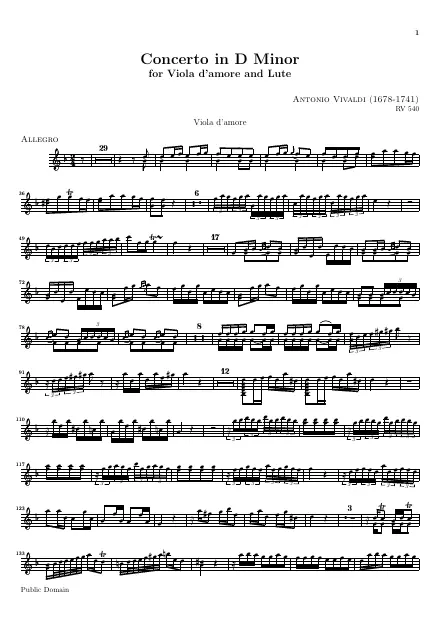 First page of Concerto en Ré mineur pour luth, viole d'amour et cordes