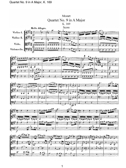First page of Quatuor n°09 en La majeur KV 169