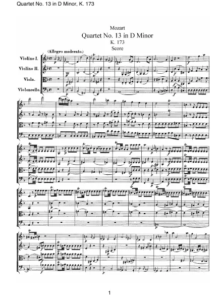 First page of Quatuor n°13 en Ré mineur KV 173