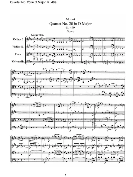 First page of Quatuor n°20 en Ré majeur KV 499
