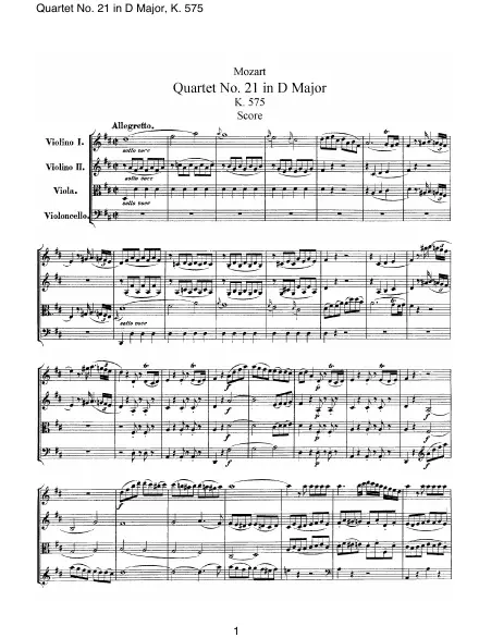 First page of Quatuor n°21 en Ré majeur KV 575