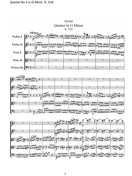 First page of Quintette n°4 en Sol mineur KV 516