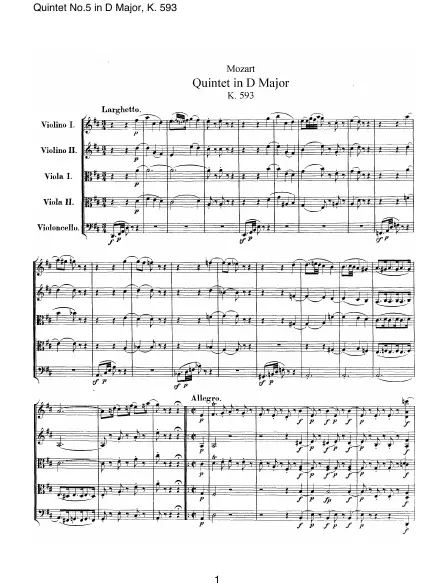 Première page de la partition Quintette n°5 en Ré majeur KV 593
