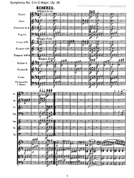 Première page de la partition Symphonie n°2 en Ré majeur Op. 36 - 3 : Scherzo, Allegro