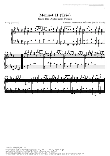 Première page de la partition Pièces d'Aylesford n°10 - Menuet 2