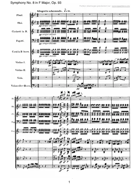 Première page de la partition Symphonie n°8 en Fa majeur Op. 93 - 2 : Allegretto scherzando