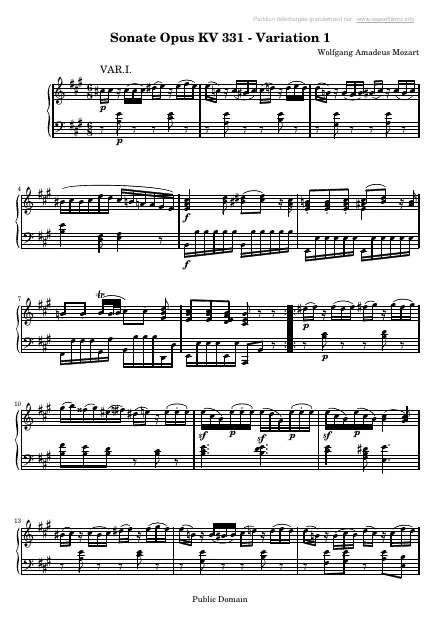 Première page de la partition Sonate n°11 en La majeur KV 331 - Variation n°1