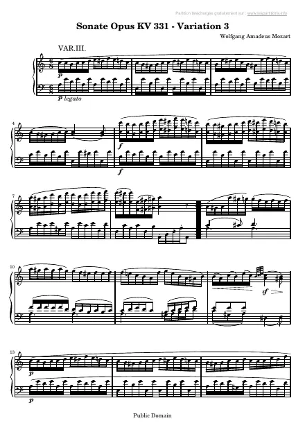 Première page de la partition Sonate n°11 en La majeur KV 331 - Variation n°3