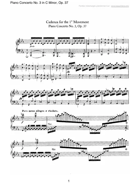 Première page de la partition Concerto n°3 en Do mineur Op. 37 : Cadence