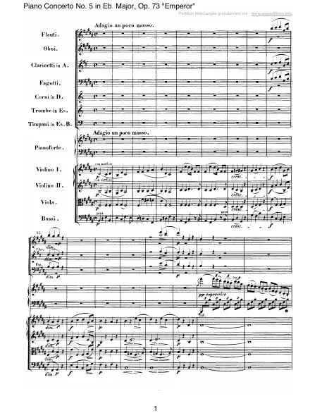 Première page de la partition Concerto n°5 en Mi b majeur « Empereur » Op. 73 -2 : Adagio un poco mosso