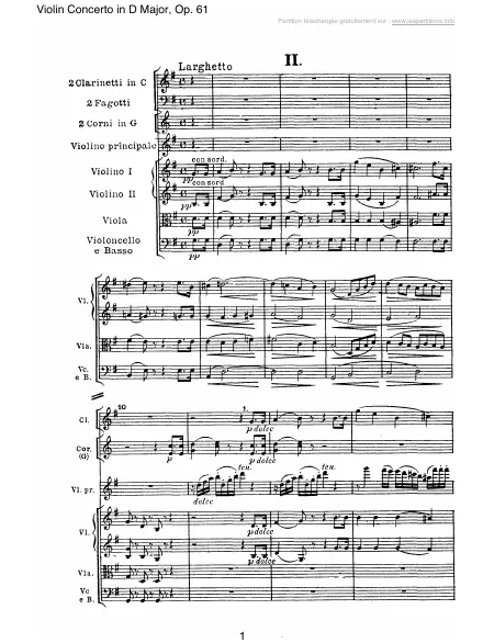 First page of Concerto pour violon en Ré majeur Op. 61 - 2 : Larghetto
