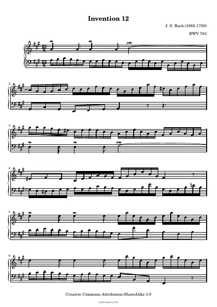 First page of Invention No. 12 in A major BWV 783