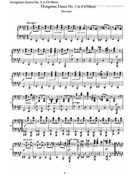 Première page de la partition Danse hongroise n°05 en Fa # mineur (4 mains)