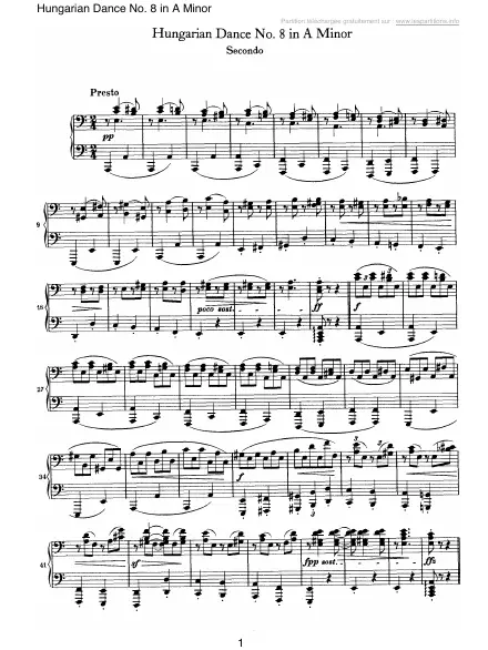 Première page de la partition Danse hongroise n°08 en La mineur (4 mains)