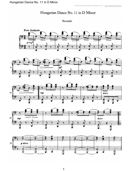 Première page de la partition Danse hongroise n°11 en Ré mineur (4 mains)