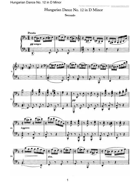 Première page de la partition Danse hongroise n°12 en Ré mineur (4 mains)