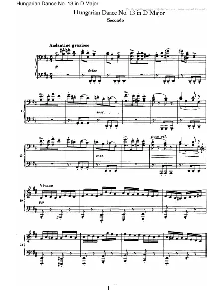 First page of Danse hongroise n°13 en Ré majeur (4 mains)