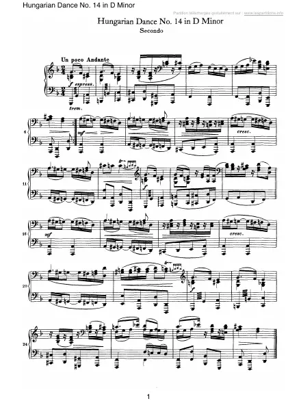 Première page de la partition Danse hongroise n°14 en Ré mineur (4 mains)