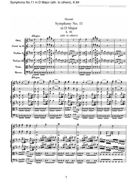 First page of Symphonie n°11 en Ré majeur K 84
