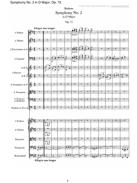 First page of Symphonie n°2 en Ré majeur Op. 73 - 1 : Allegro non troppo