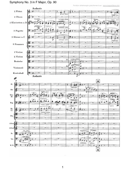 Première page de la partition Symphonie n°3 en Fa majeur Op. 90 - 2 : Andante