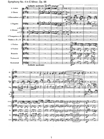 Première page de la partition Symphonie n°4 en Mi mineur Op. 98 - 2 : Andante moderato