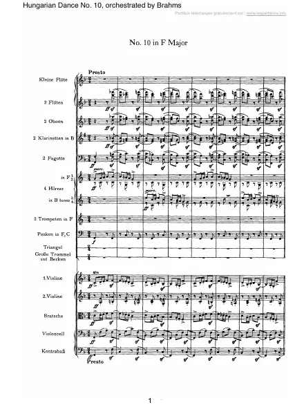 First page of Danse hongroise n°10 en Fa majeur pour orchestre