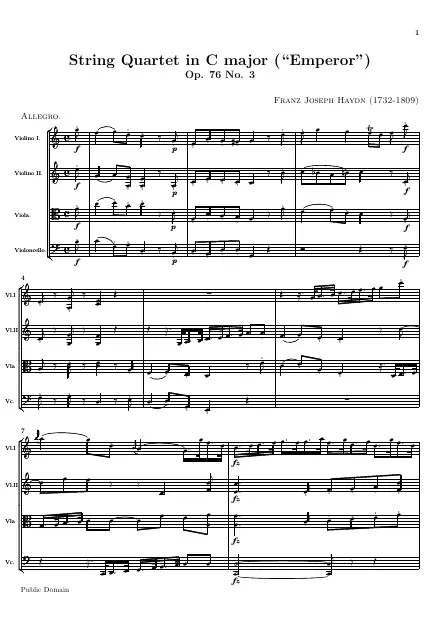First page of Quatuor Op. 76 n°3 en Do majeur